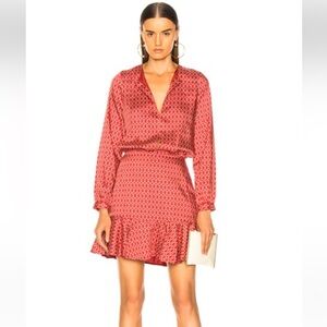 Alexis Coretti Printed Flounce Long Sleeve Satin Mini Dress Size Small Red White